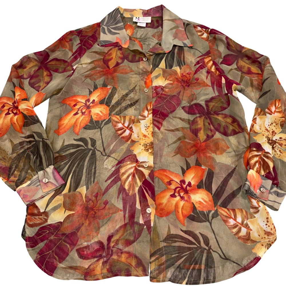 90s Sheer Button Up Blouse Womens Large Green Orange Floral Maggie Sweet 5505